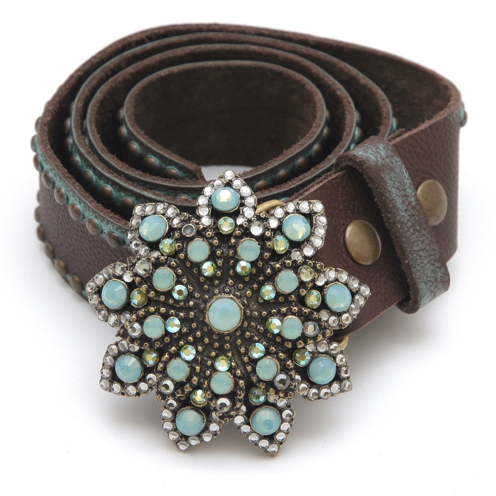 DESIGNER Leather Belt Medium Width Stud Crystal S